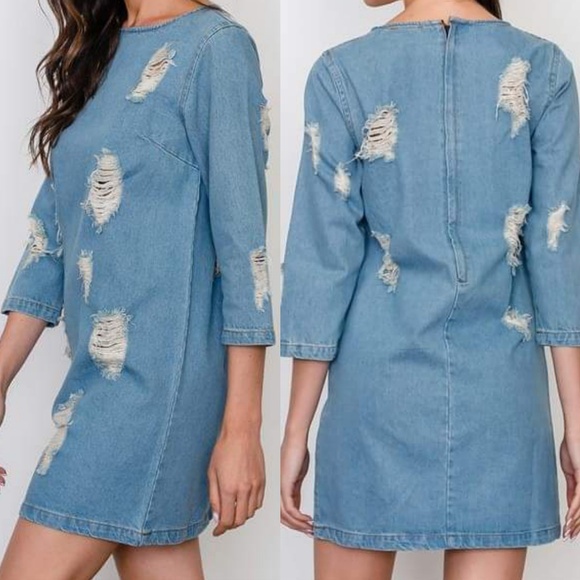 ACE DISTRESSED LIGHT WASH DENIM DRESS - Picture 2 of 6